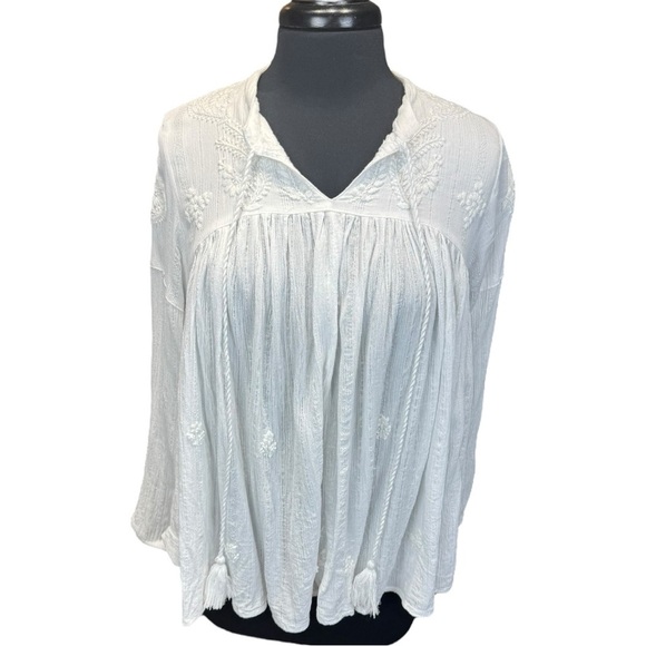 Rachel Zoe White Flower Embroidered Boho Peasant Baby Doll Top Size M - Picture 1 of 9
